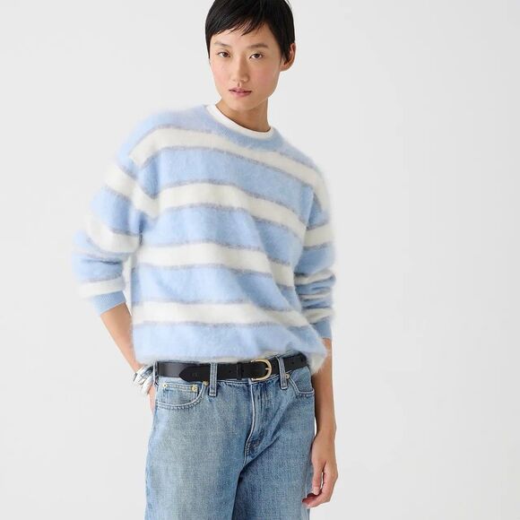 J.Crew Brushed Cashmere Relaxed Crewneck Sweater Striped Blue Ivory Grey Prep XS - Picture 1 of 15